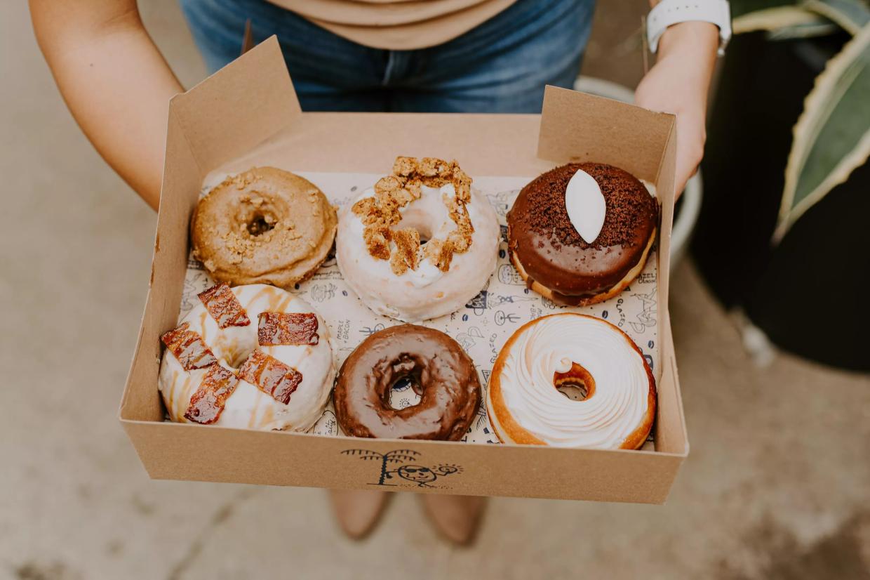 top view of a box of donuts