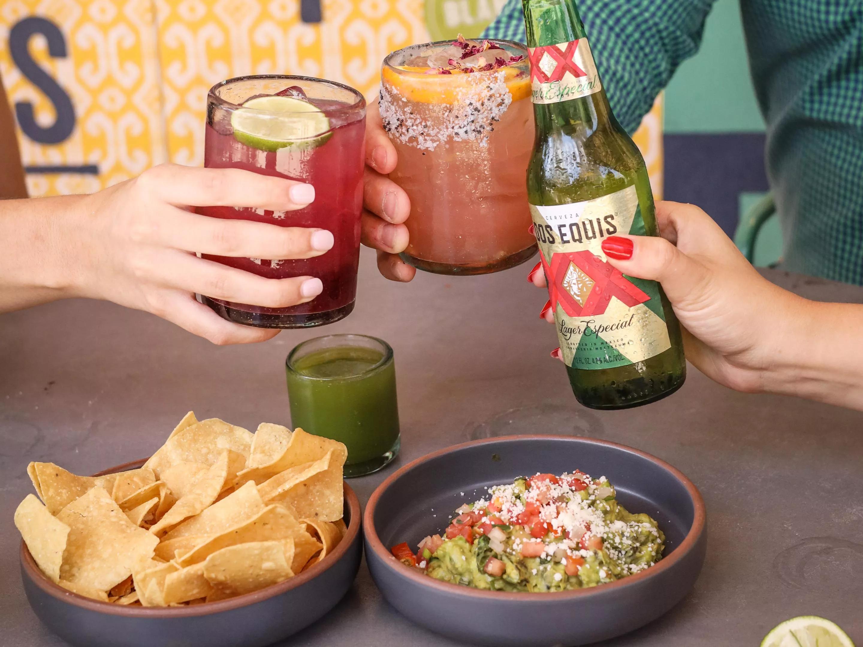 beer, margaritas, guacamole and chips