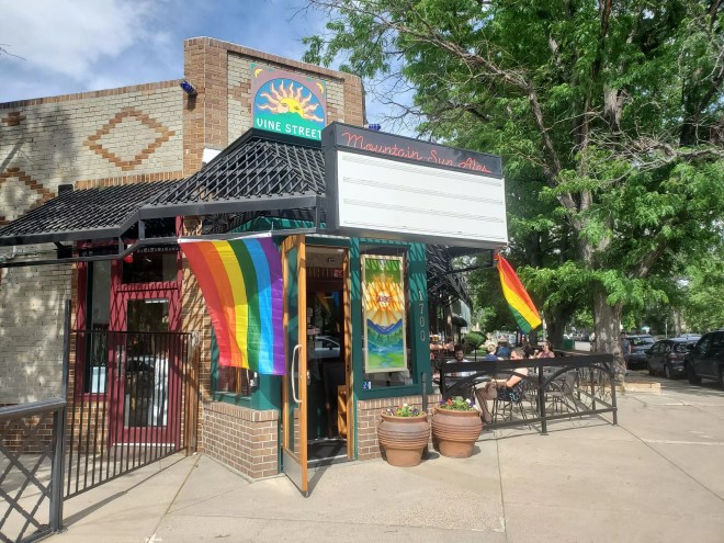 restaurant exterior with flags