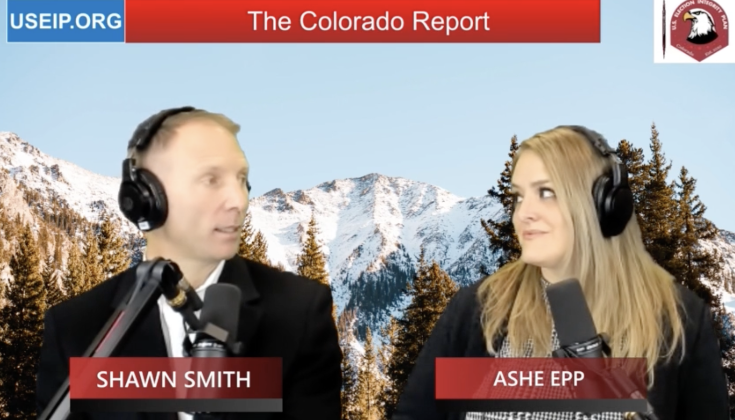 Two people speaking on a podcast.