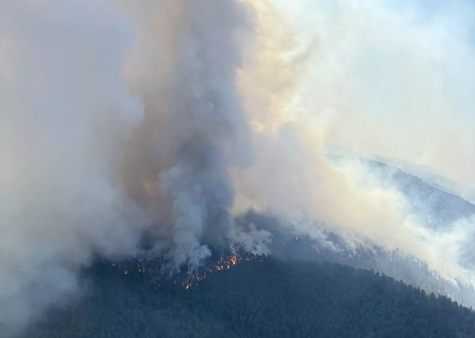 Trees on fire on a mountain top
