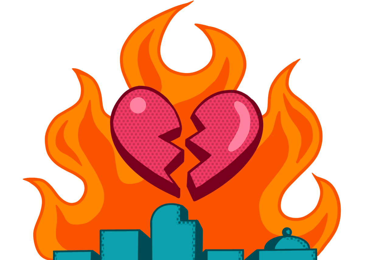 fire and broken heart over skyline