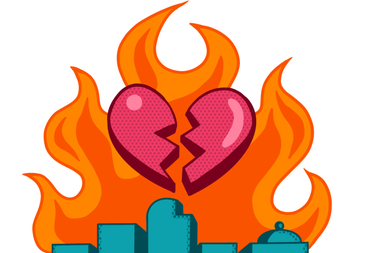 fire and broken heart over skyline