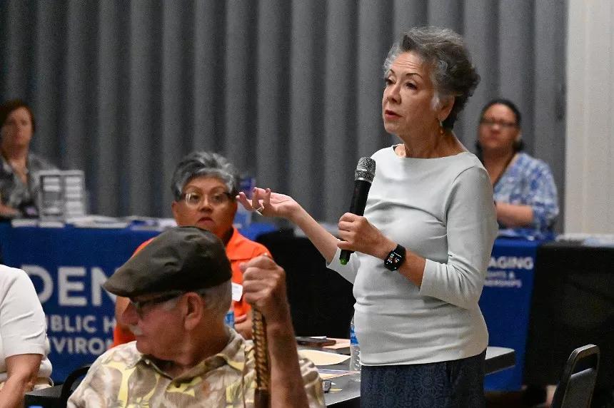 woman talking into mike at meeting