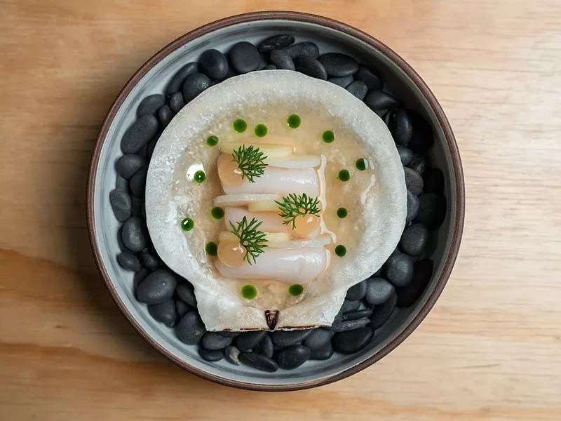 scallop dish on a scallop shell