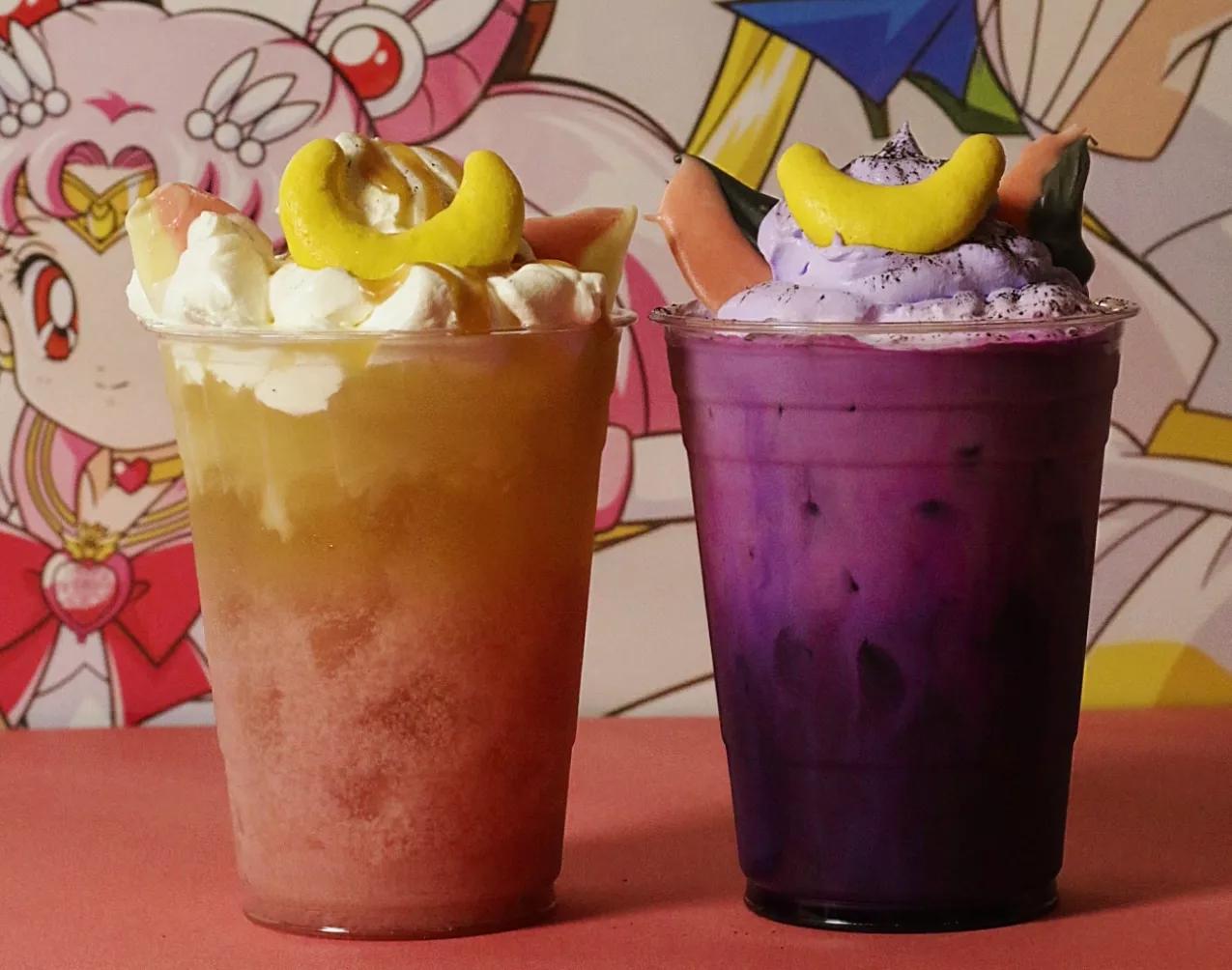a pink drink and a purple drink
