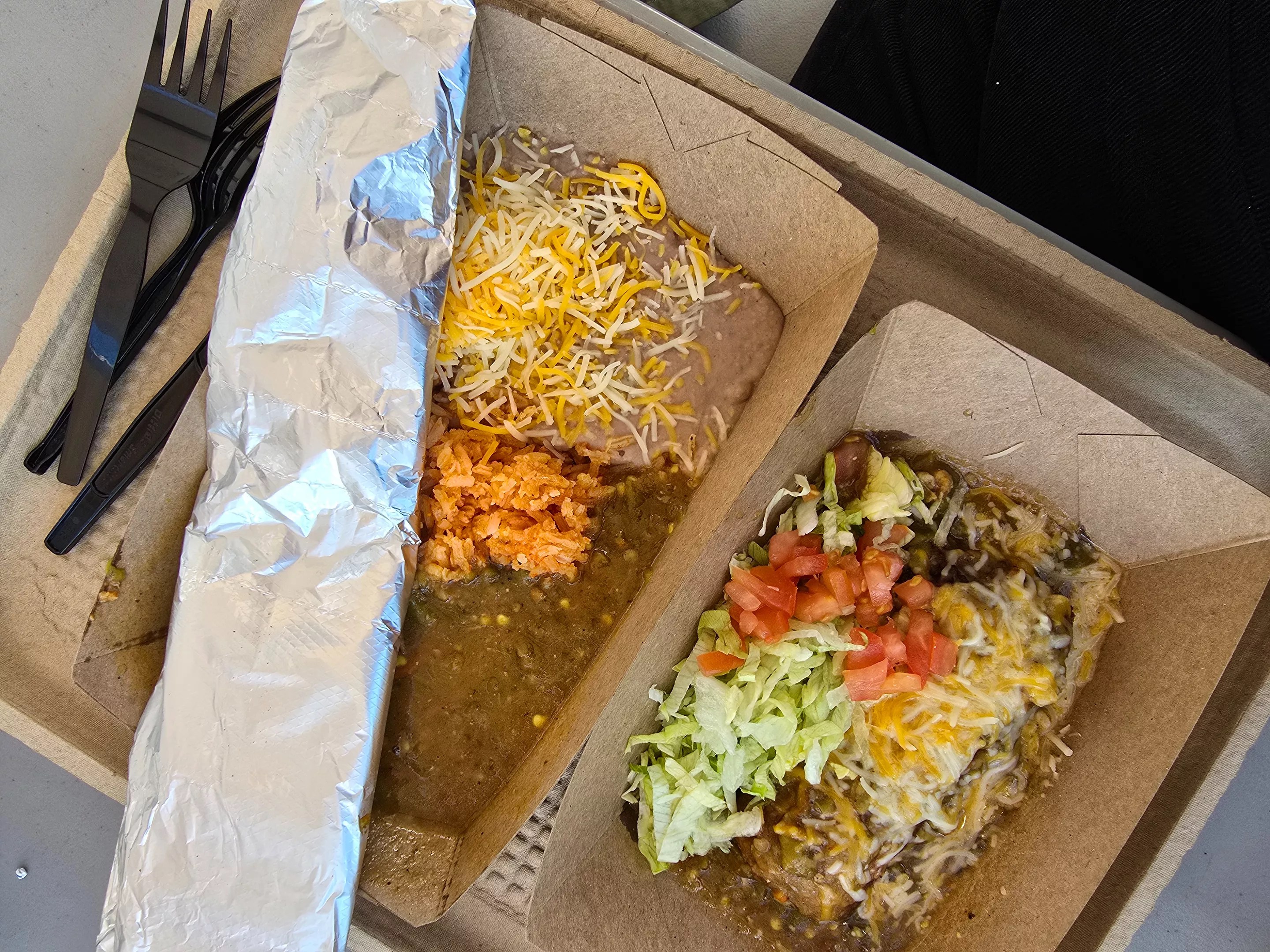 green chile with rice and beans and a crispy chile relleno