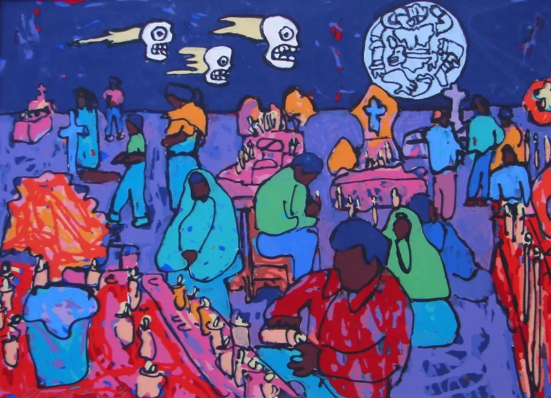 abstract painting of people sitting around and talking