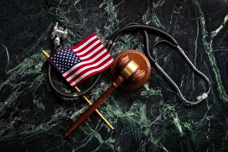 flag, gavel stethoscope