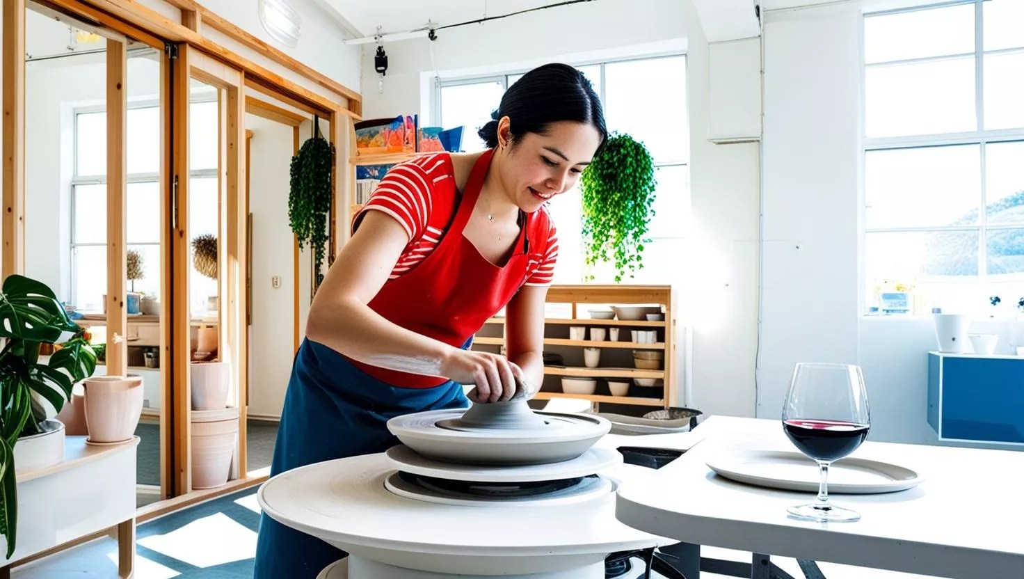 person at a pottery wheel with a glass of wine