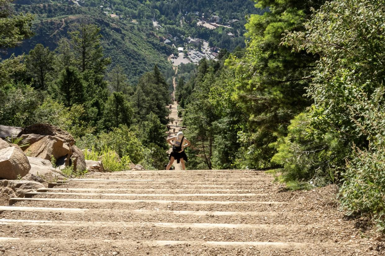 A downward view of the Manitou Incline spanning 2,744 dirt steps