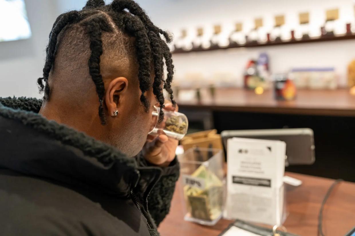 Man smells marijuana inside of dispensary