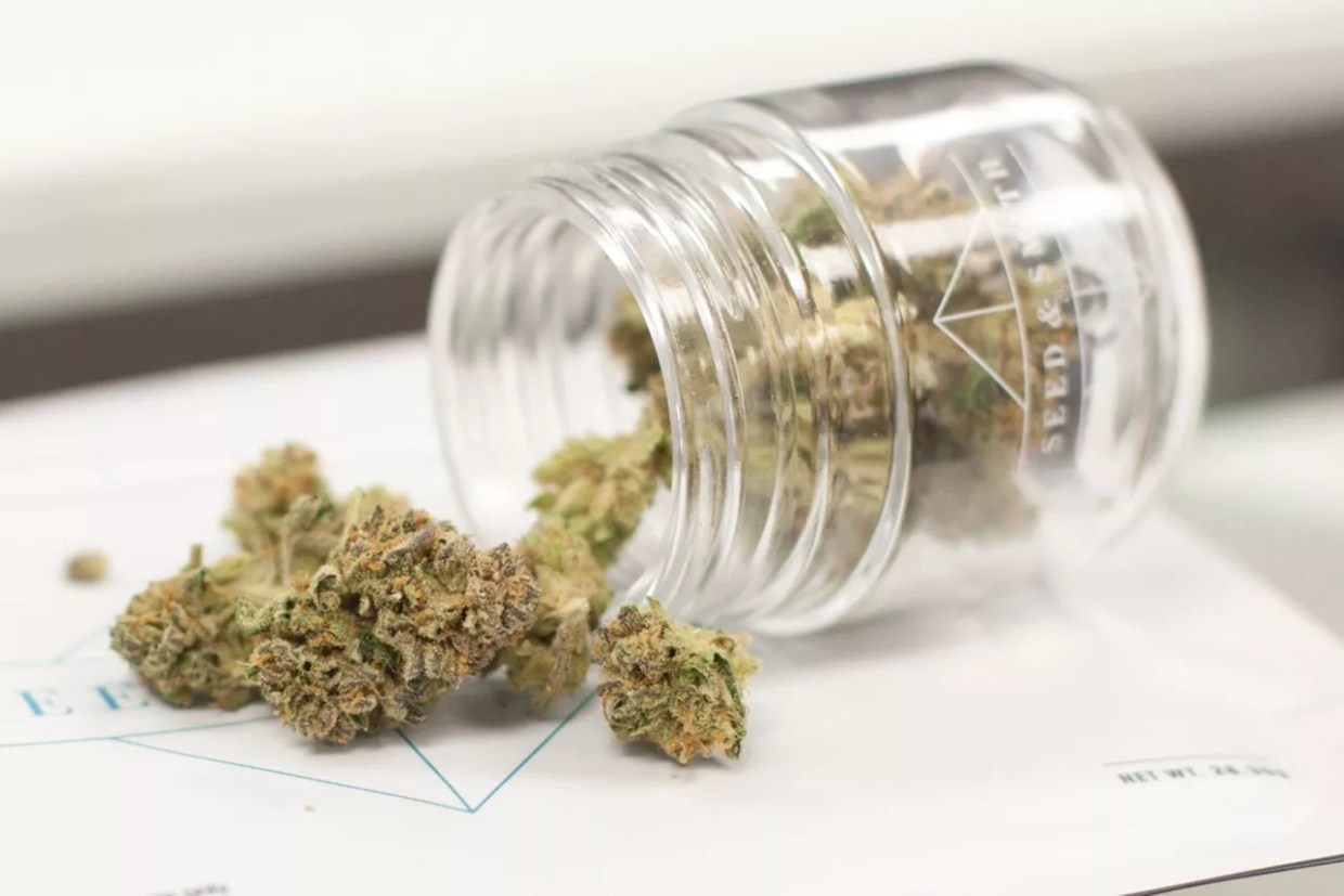 Glass jar with cannabis buds
