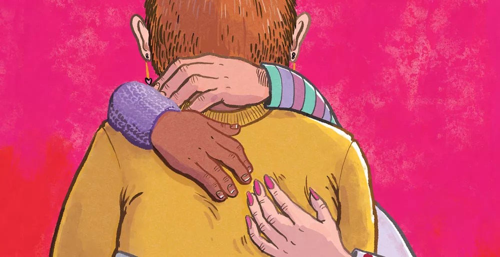 back of person being hugged by many hands