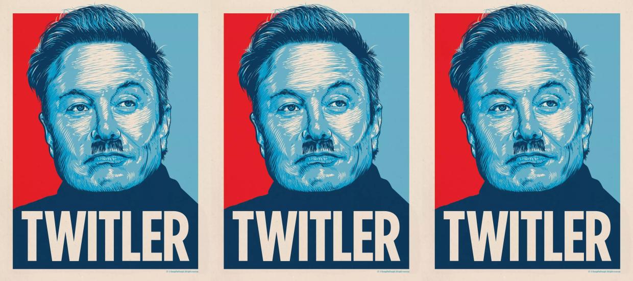 An illustration of Elon Musk with a Hitler mustahce.