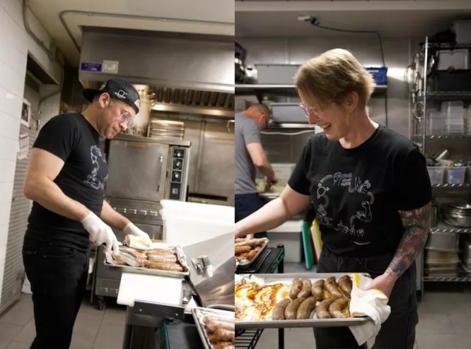 split image of two people with trays of food