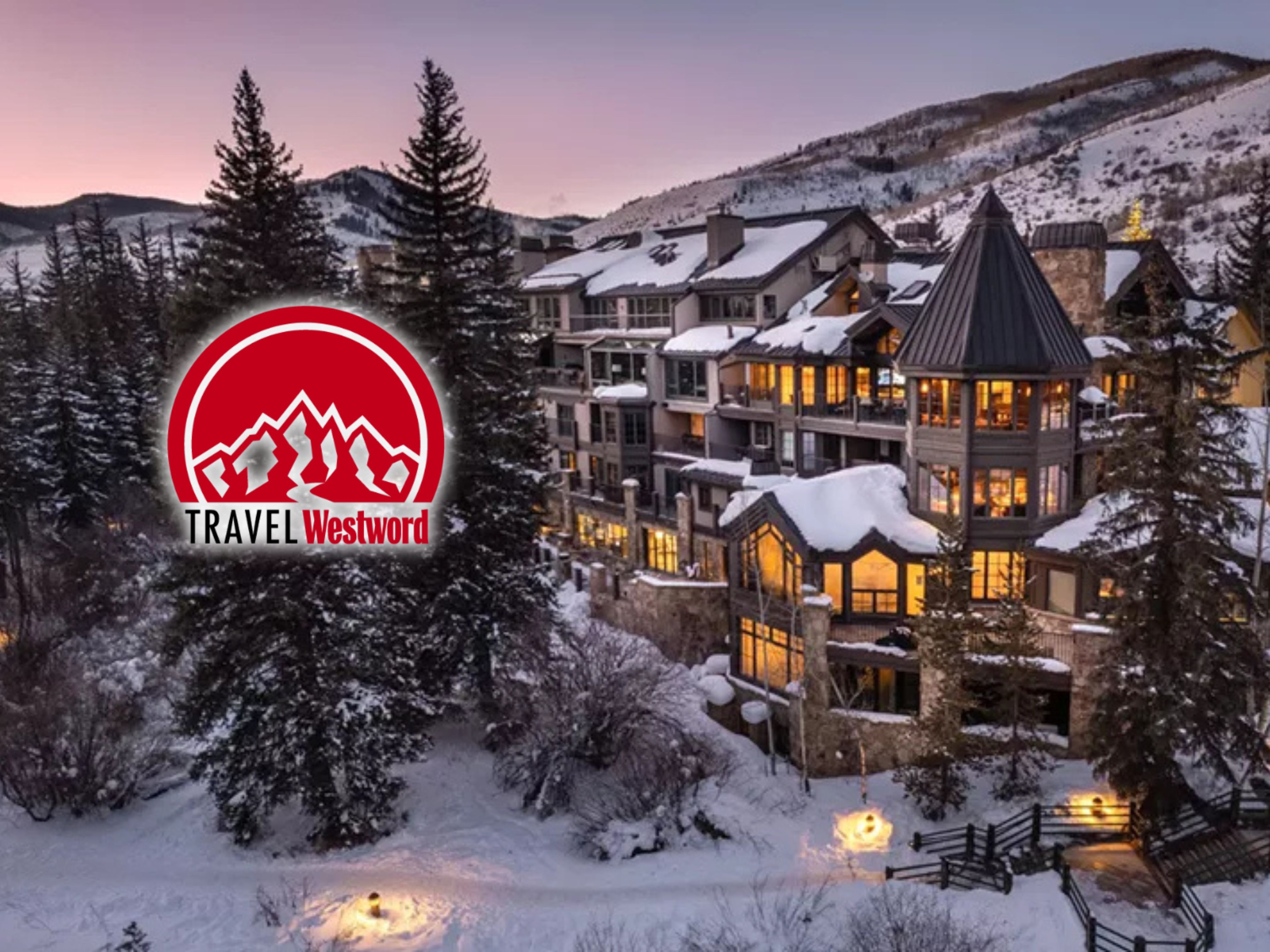 Sunset behind a hotel in the snow