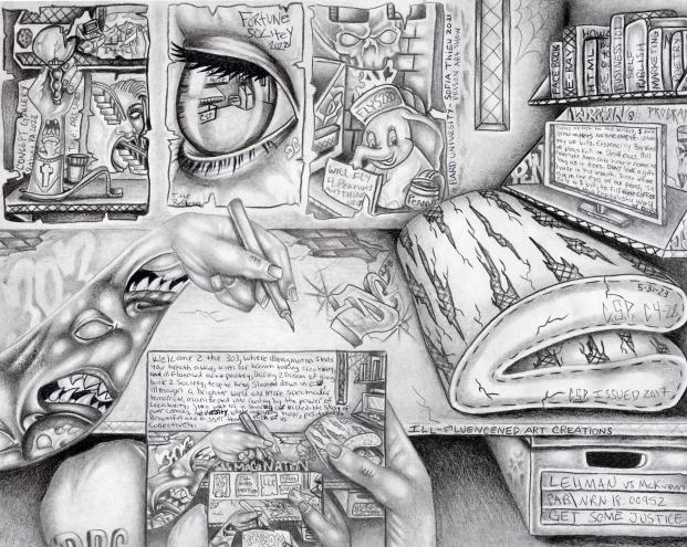 pencil drawing of man in cell
